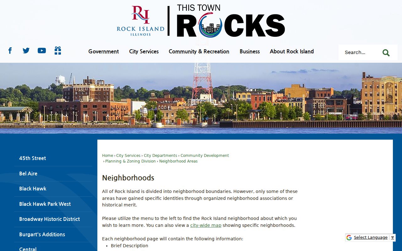 City of Rock Island neighborhood areas page for civic neighbor contacts