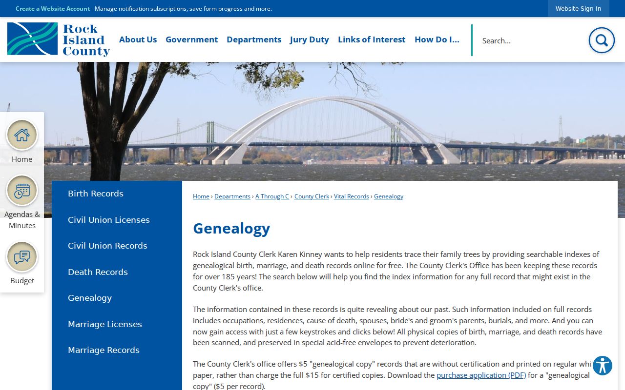 Rock Island County genealogy index page for previous resident research