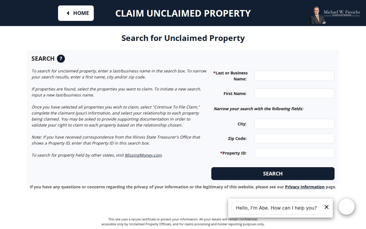 Illinois Treasurer I-CASH name city and ZIP search for Rock Island affiliation research