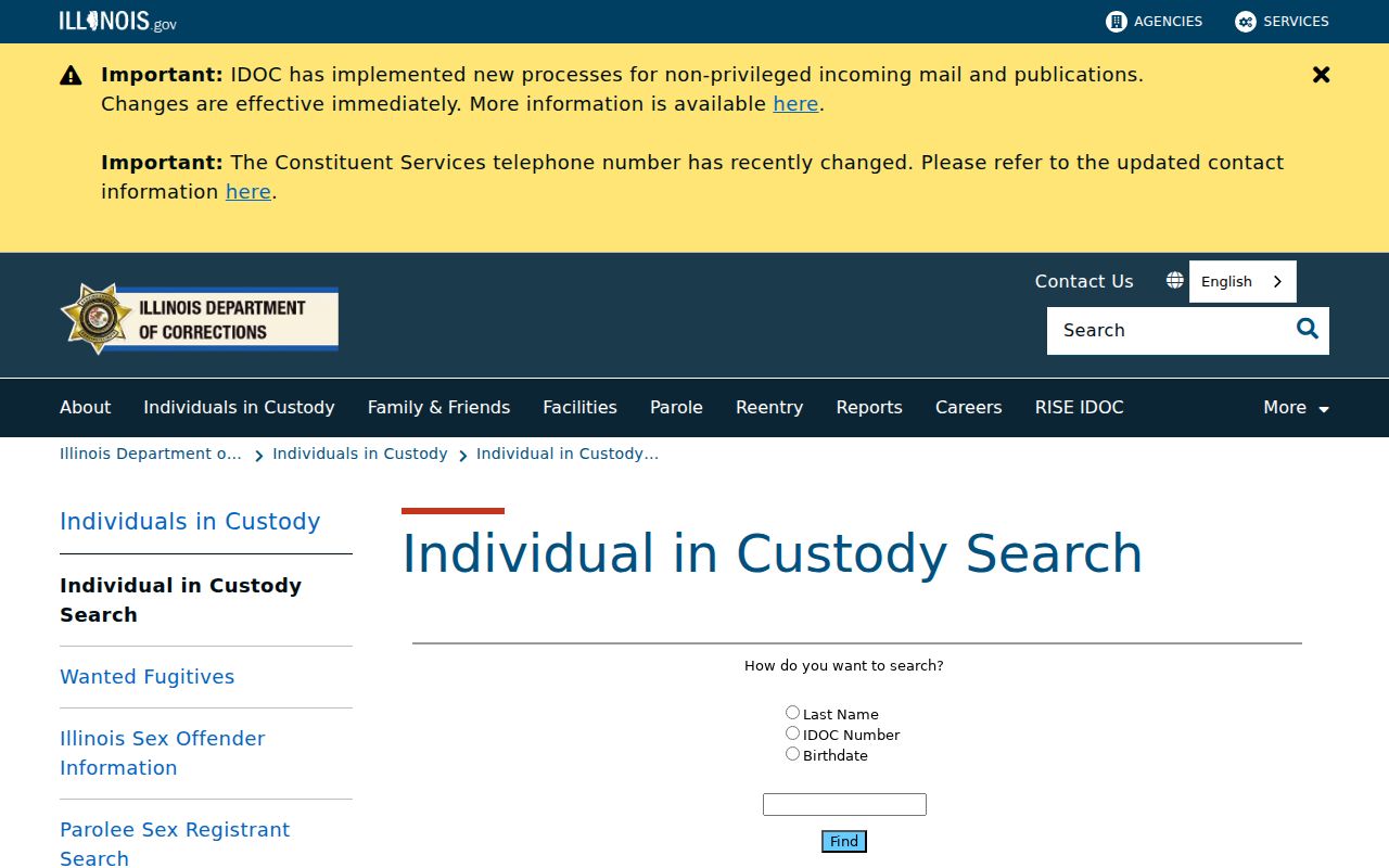 Illinois Department of Corrections individual in custody search used for Rock Island research