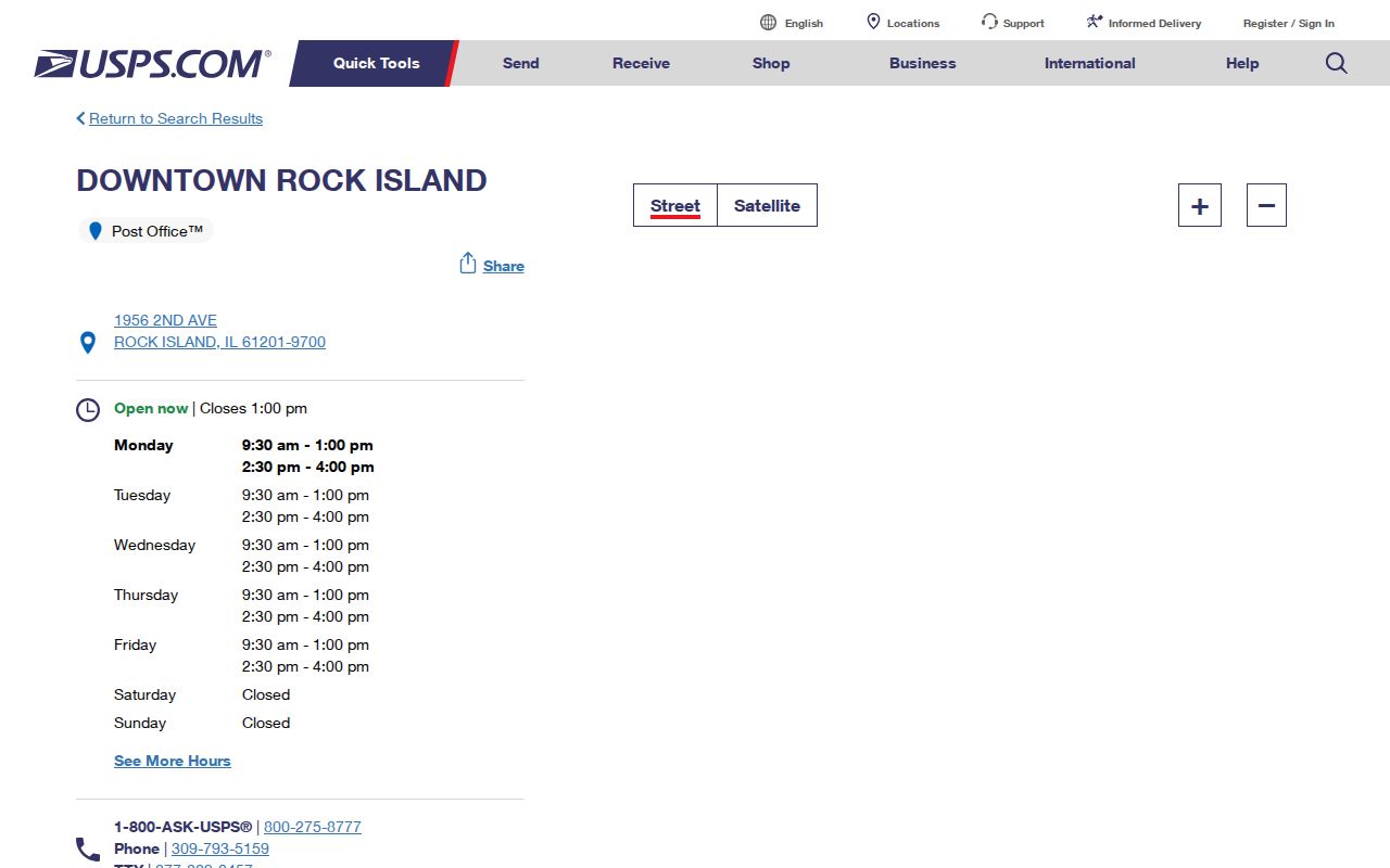 USPS Downtown Rock Island post office listing associated with postal area 61201